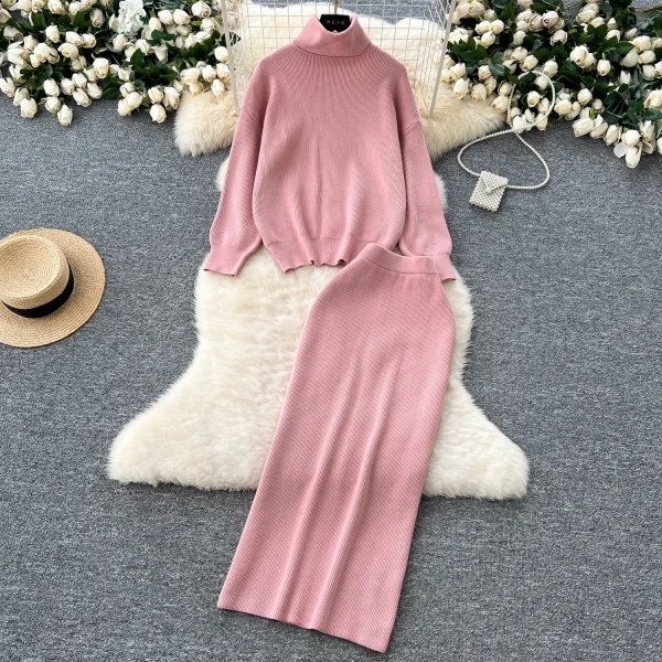 LW0143 Gentle Wind Suit Dress Lazy With Turtleneck Long-Sleeved Sweater Slim-Fit Wrap Hip Skirt Ladies Two-Piece Set