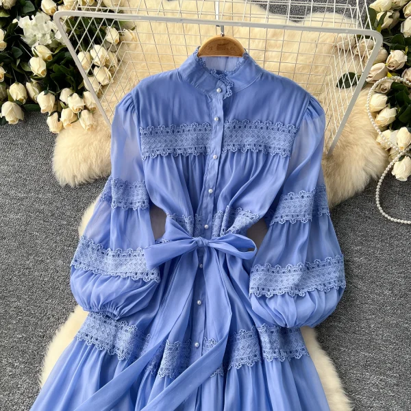 ZT1469 Court Style Women'S Embroidered Long Dresses 2025 Elegant Lace Splicing Stand Collar Single Breasted Waist Evening Gown - Image 4