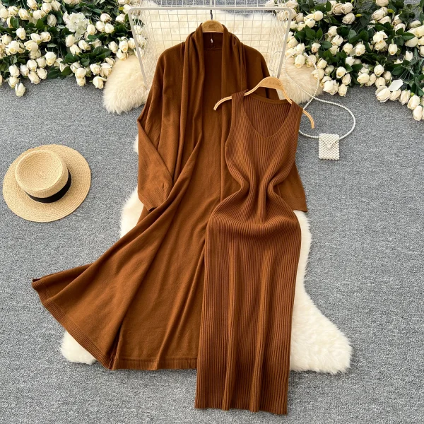 LW0096 Maillard Wears Two-Piece Female a Sleeveless Knit Dress With a Slouchy Sweater Coat Two-Piece for Women - Image 2