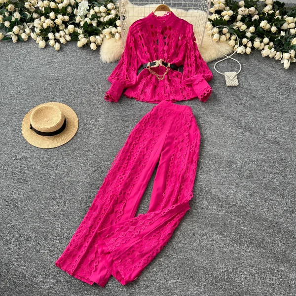 LE4758 Fashion Three-Piece Set 2025 Autumn Cutout Hook Lace Waist Long Sleeve Shirt High Waist Straight Pants - Image 4