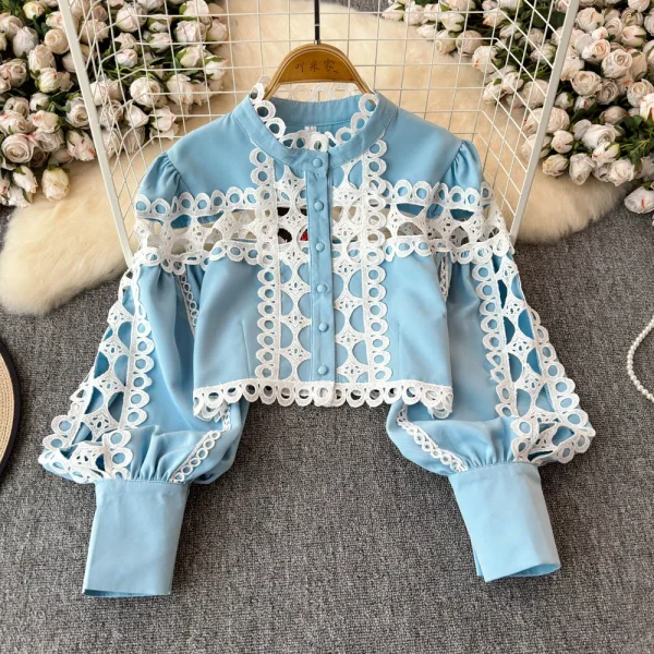LE4756 Lantern Long-Sleeved Stand-Up Collar Hollowed-Out Lace Top Two-Piece Set of High-Waisted Temperament Nine-Point Trousers - Image 6