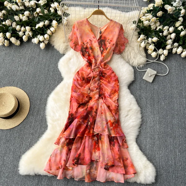 ZT1524 Goddess Style Heart Fold Drawstring Graceful Floral Printed Wrap Hips Ruffled Fishtail Elegant Dress Midi Dresses