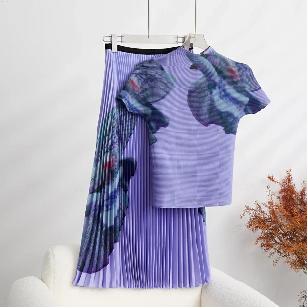 LE1085 Miyake Flower Printed Two Piece Outfit Pleated Stand Long Sleeve Top Pleated Skirt Two Piece Set - Image 2