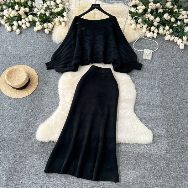 LW0122 Advanced Sense Sweater Smock Coat Loose Bat Sleeve Sweater High-waisted Slim-fit Skirt Women's Two-piece Suit - Image 5