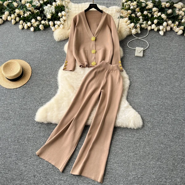 LW0104 Small Fragrant Wind Two-Piece Women'S Metal Button Sweater Sweater Sweater Casual Pants Two-Piece Ladies - Image 4