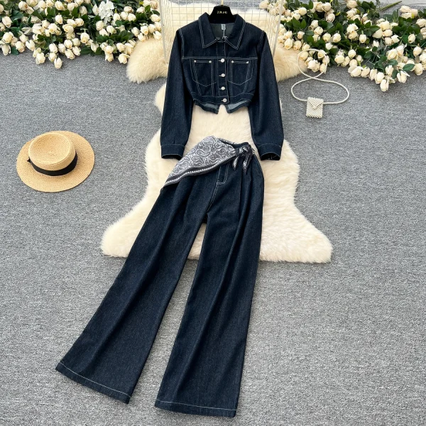 LW0105 Retro Suit Women'S Loose Short Denim Jacket High Waisted Casual Wide-Leg Pants Women'S Two-Piece Suit