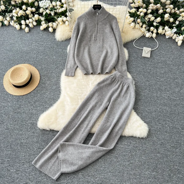 LW0149 Women'S Fashion Suit All-In-One Age-Reducing Casual Stand Collar Zipper Sweater Sweater Pants Two-Piece Set - Image 4