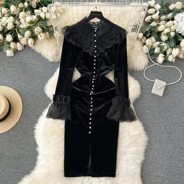 ZT1470 Hepburn Style Haute Couture Canary Dress Women's French Vintage Lace Patchwork Single-breasted Elegant Dresses
