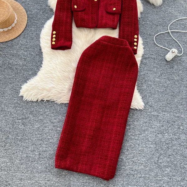 LW0115 Small Fragrant French Two-Piece Women'S Western Style Metal Buckle Slim Long-Sleeved Coat High Fanny Pack Hip Skirt - Image 3
