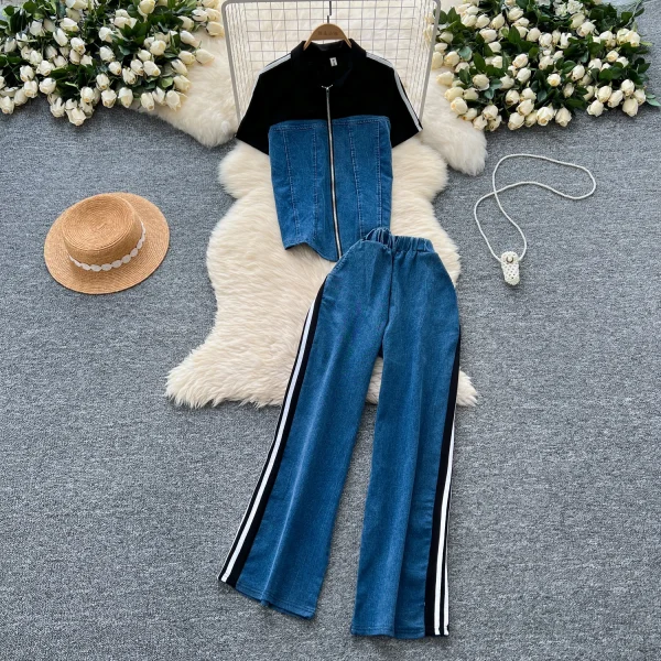 LE4750 Casual Wear With a Two-Piece Women'S Fashion Stand Collar Zipper Short Sleeve Patchwork Top Wide-Leg Pants Denim Suit