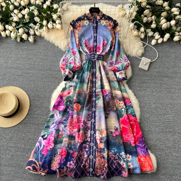 ZT1521 Palace Vintage French Senior Sense Stand Collar Lantern Long-sleeved Floral Elegant Printed Swing Dress Maxi Dress Woman