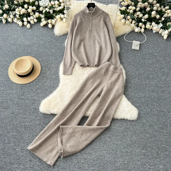 LW0149 Women'S Fashion Suit All-In-One Age-Reducing Casual Stand Collar Zipper Sweater Sweater Pants Two-Piece Set - Image 3