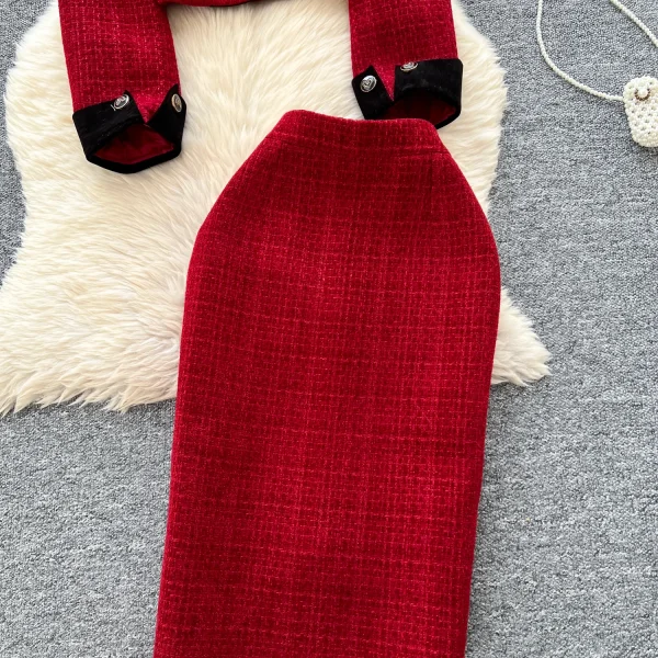 LW0117 High-Grade Metal Buckle Round Neck Short Coat Women'S High Waist Slim-Fit Wrap Hip Skirt Women'S Two-Piece Set - Image 4