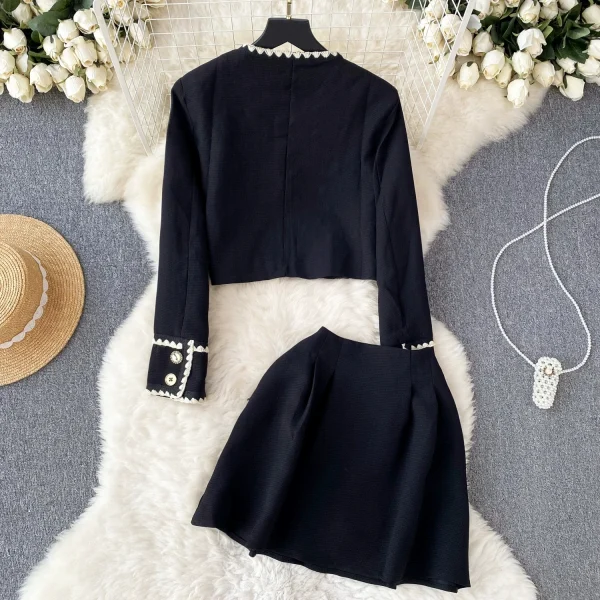 LE4747 Elegant 2-Piece Sets for Women Short Round Neck Suit Jacket + High Waist A-Line Skirt Two Suits - Image 2