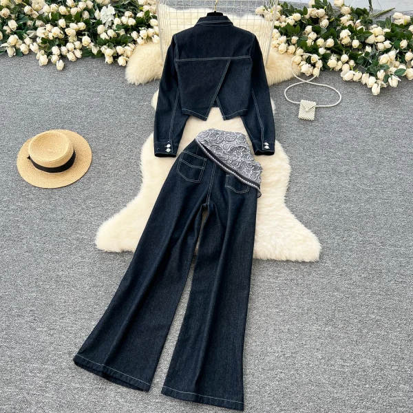 LW0105 Retro Suit Women'S Loose Short Denim Jacket High Waisted Casual Wide-Leg Pants Women'S Two-Piece Suit - Image 2