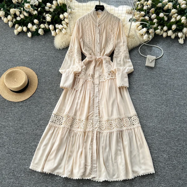 ZT1465 French Vintage Lace Patchwork Pearl Single Breasted Temperament Stand Collar Lantern Sleeve Big Swing Women's Dress - Image 3