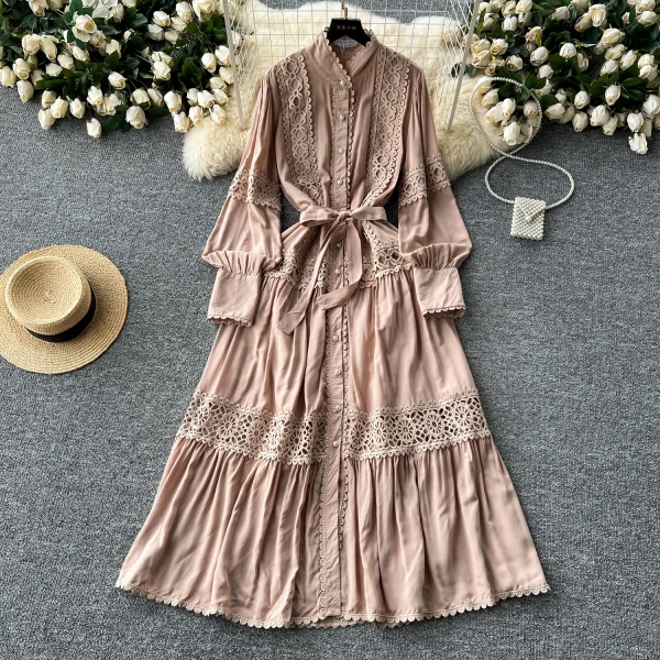 ZT1465 French Vintage Lace Patchwork Pearl Single Breasted Temperament Stand Collar Lantern Sleeve Big Swing Women's Dress - Image 6