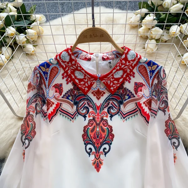 ZT1484 Vintage Palace Style Printed Dress Womens Dresses Summer Lantern Sleeve Polo Collar Loose Design Temperament Mini Dress - Image 2