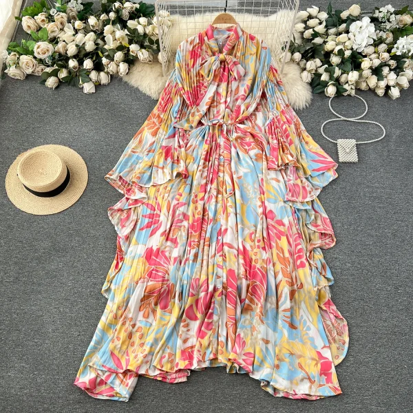 ZT1457 High-End Floral Dress Women Elegant Loose Bat-sleeve Bow Tie Digital Printed Woven Fabric Niche Light Style Sweet Style