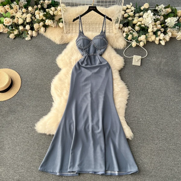 ZT1536 Senior Sense Sexy Dress Female Elegant Gown French Vintage Diamond-encrusted Halter Waist Fishtail Birthday Maxi Dress - Image 2