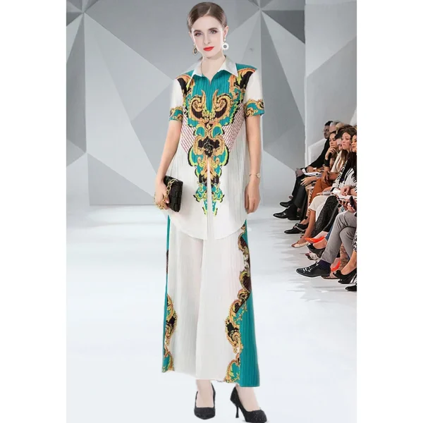 High Elasticity Courtly Style Printed Miyake Fold Suit Pleated Loose Lapel Single Breasted Shirt Wide Leg Pants 2-Piece Set - Image 2