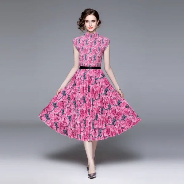 LE1320 High Quality 2025 Women's Print Pleated Short-sleeved T-shirt and Print Long Pleated Skirt Two-piece Set - Image 2