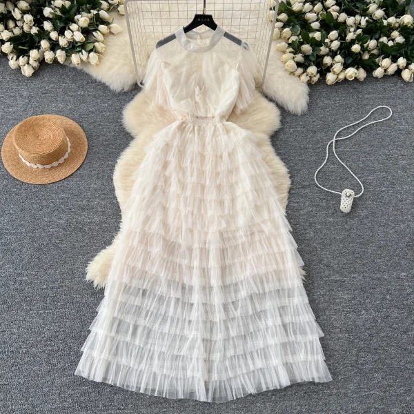 ZT1544 French Niche Elegant Dress Women's Senior Lace Short-sleeved Waist Slimming Multi-layer Temperament  Maxi Dress - Image 2