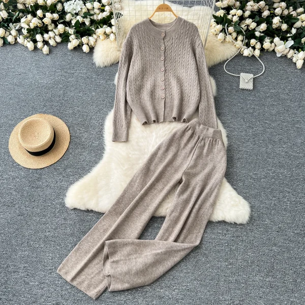 LW0148 Knitwear Two-Piece Women Gentle Wind With Round Neck Twist Sweater Cardigan Coat High Waist Wide Leg Pants - Image 3