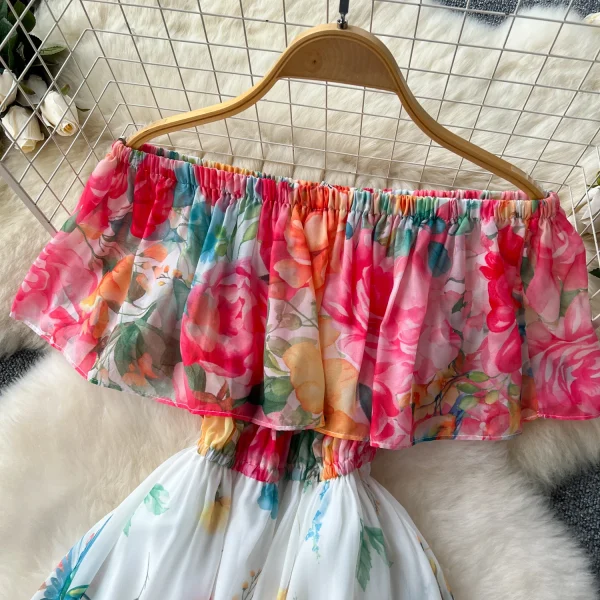 ZT1500 One-line Shoulder Ruffled Waist European Design Large Swing Printed Chiffon Floral Printed Elegant Midi Dresses - Image 5