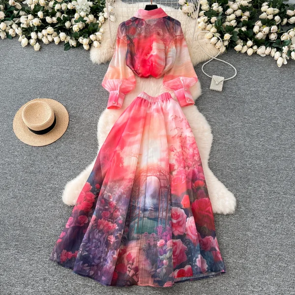 LW0576 Advanced Sense Set Women'S Style Loose Lapel Long Sleeve Printed Shirt High Waist Long Skirt Two Piece Set for Ladies - Image 2