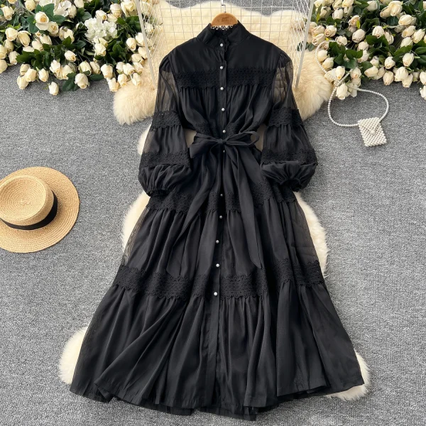 ZT1469 Court Style Women'S Embroidered Long Dresses 2025 Elegant Lace Splicing Stand Collar Single Breasted Waist Evening Gown - Image 3