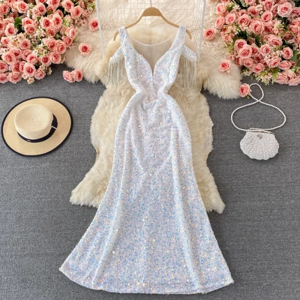 ZT1561 High-end Banquet Temperament Sequins Elegant High-end Host Aura Queen Dress V-neck Long  Fishtail Wrap Hip Evening Gown - Image 4