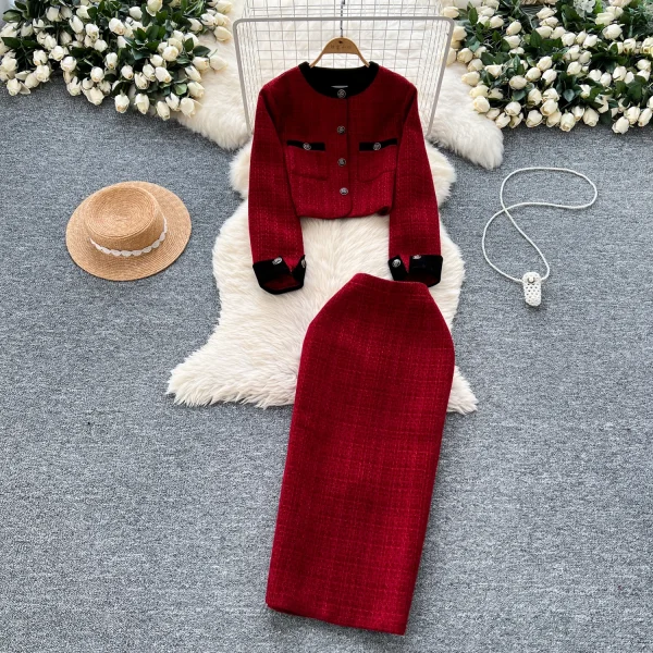 LW0117 High-Grade Metal Buckle Round Neck Short Coat Women'S High Waist Slim-Fit Wrap Hip Skirt Women'S Two-Piece Set