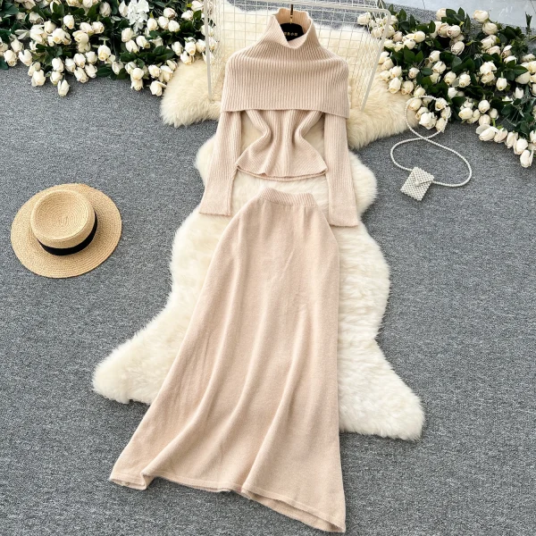 LW0106 Two Piece Ladies Set Stylish High-Neck Slim-Fit Long-Sleeved Knitted Top High-Waisted Slimming Skirt Two-Piece Set - Image 3