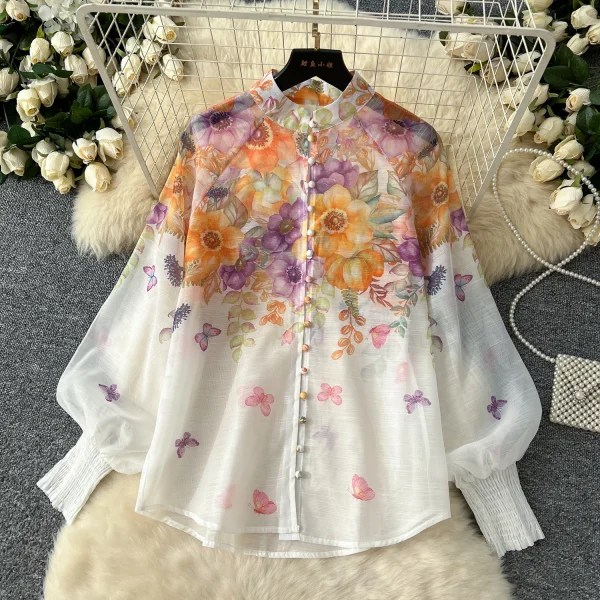 LW0575 2025 Spring Ladies' Holiday Style Stand Collar Lantern Sleeve Slim Shirt High Waist Long Skirt - Image 4