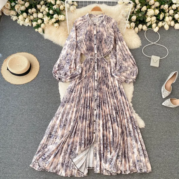 ZT1530 French Vintage Long-sleeved Shirt Dress Elegant Retro Temperament Splice Elegant Printed High-end Holiday Maxi Dress - Image 6