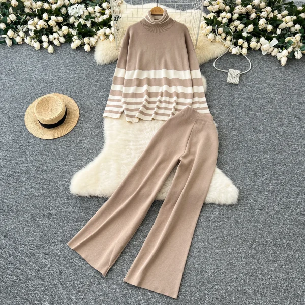 LW0150 Casual Wear With Women'S Turtleneck Matching Striped Knitwear Women'S High-Waisted Pants Sweater Women'S Two-Piece Set - Image 3