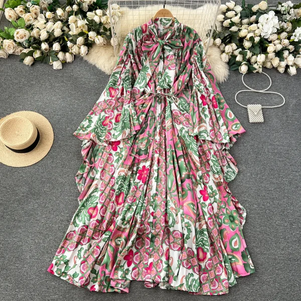 ZT1457 High-End Floral Dress Women Elegant Loose Bat-sleeve Bow Tie Digital Printed Woven Fabric Niche Light Style Sweet Style - Image 3