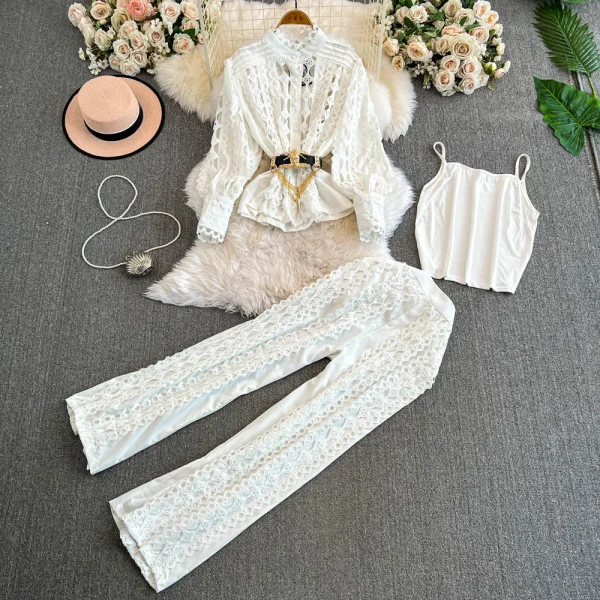 LE4753 Women'S French Lace Hook Flower Lantern Sleeve Shirt Three-Piece Set of High-Waisted Slimming Wide-Leg Pants - Image 3