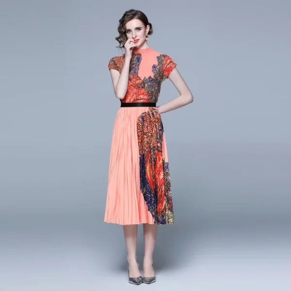 LE1303 Accept Floral Print Miyake Pleated Casual Style Suit Short-sleeved Skirts Boutique Women 2 Piece Sets - Image 5