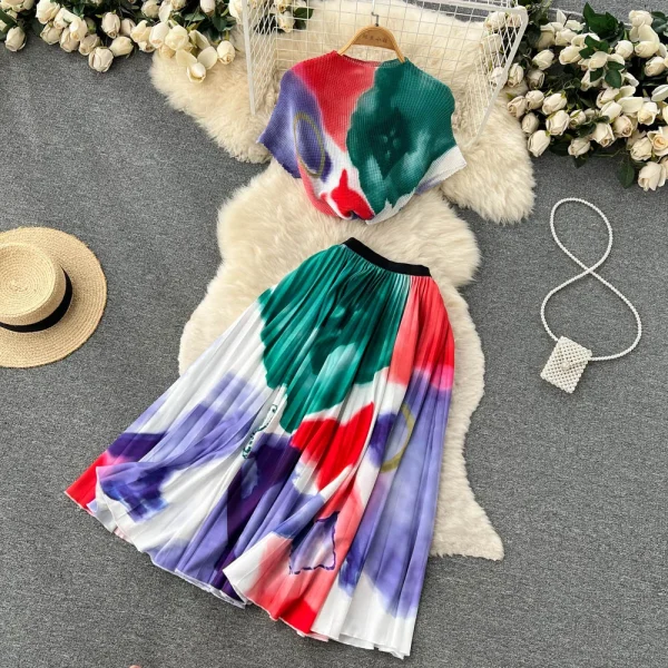 LE1298 Hot Sell Women'S Printed Pleated Casual Suit Loose Plus Size Print Pleated Top Long Skirt 2 Piece Set - Image 4