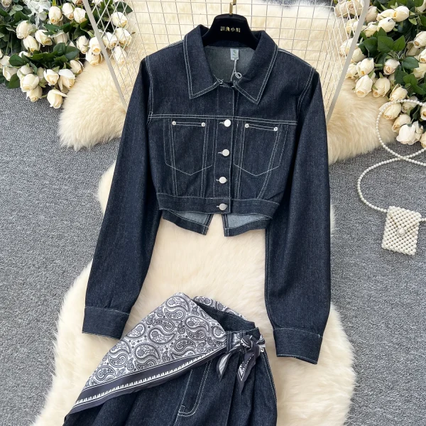 LW0105 Retro Suit Women'S Loose Short Denim Jacket High Waisted Casual Wide-Leg Pants Women'S Two-Piece Suit - Image 4