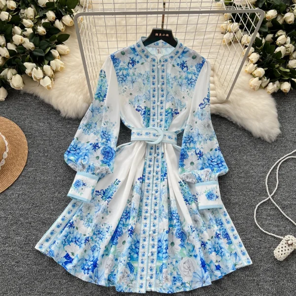 ZT1491 European Retro Vintage Stand Collar Single Breasted Long Sleeve Woman Clothes High-end Printed Elegant Dress - Image 2