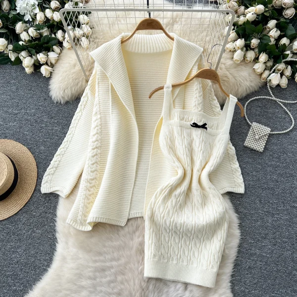 LW0610 Gentle Wind Sweet Halter Twist Knitted Dress Female Long-Sleeved Sweater Coat Female Skirt Two Piece Set for Ladies - Image 3