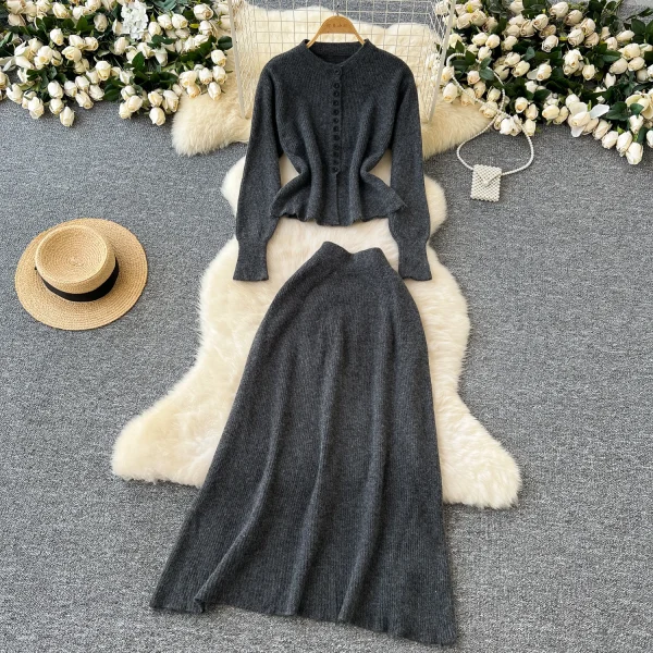LE4748 Sweater Set for Women in Early Autumn to Wear a Gentle Wind With a Single Breasted Knitwear High Waist Skirt Skirt - Image 3