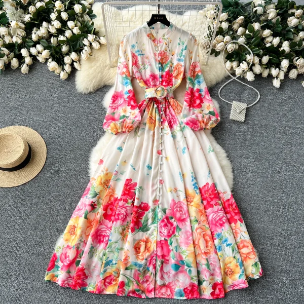 ZT1508 European Fashion High-end Vintage Elegant Stand Collar Single Breasted Long Sleeve Print Holiday Maxi Dress