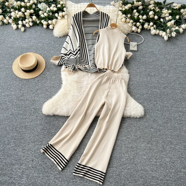 LW0098 Gentle Wind All Match Color Fringed Shawl Coat Sweater Sleeveless Vest High Waist Wide Leg Pants  Set - Image 4