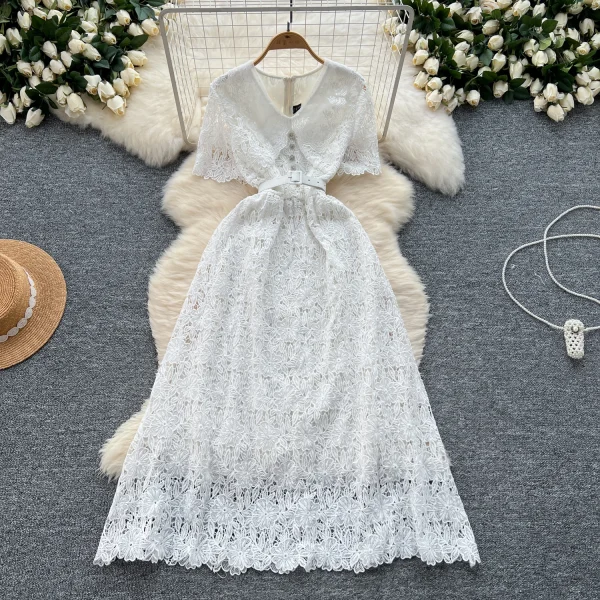ZT1555 Vintage Court Style Doll Collar Dress Female Summer Hollow Hook Flower Design Elegant Sweet Luxury Temperament Midi Dress - Image 2