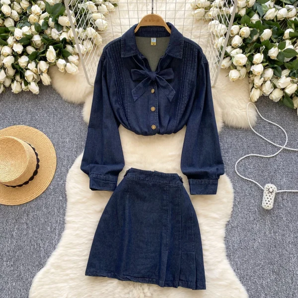 LW0112 Vintage Sweet Little Ladies Two-Piece Fall Bow Tie Denim Shirt High-Waisted Slip Skirt Two Piece Set for Ladies