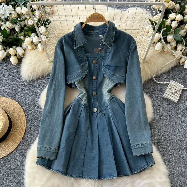 LE4751 Spice Girls Denim Suit Pant Sets Women Fall Two-Piece Waist Slimming Halter Pleat Dress + Long Sleeve Cardigan Coat - Image 2